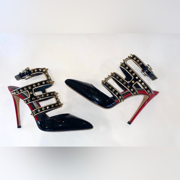 Francesco Sacco Shoes - Francesco Sacco Black Patent w/Gold Studs & Red Trim, Ankle Strap, Sz 7.5, Italy